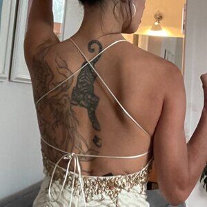 Open back sexy white lace mini dress with gold embellishment